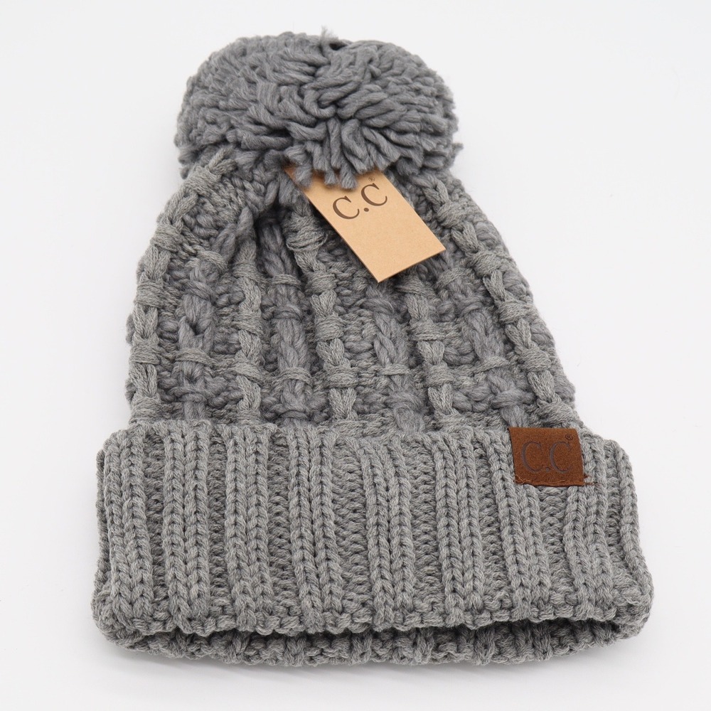C.C Beanie Women OSFM Lt. Melange Grey Pom-Pom Cable Knit New